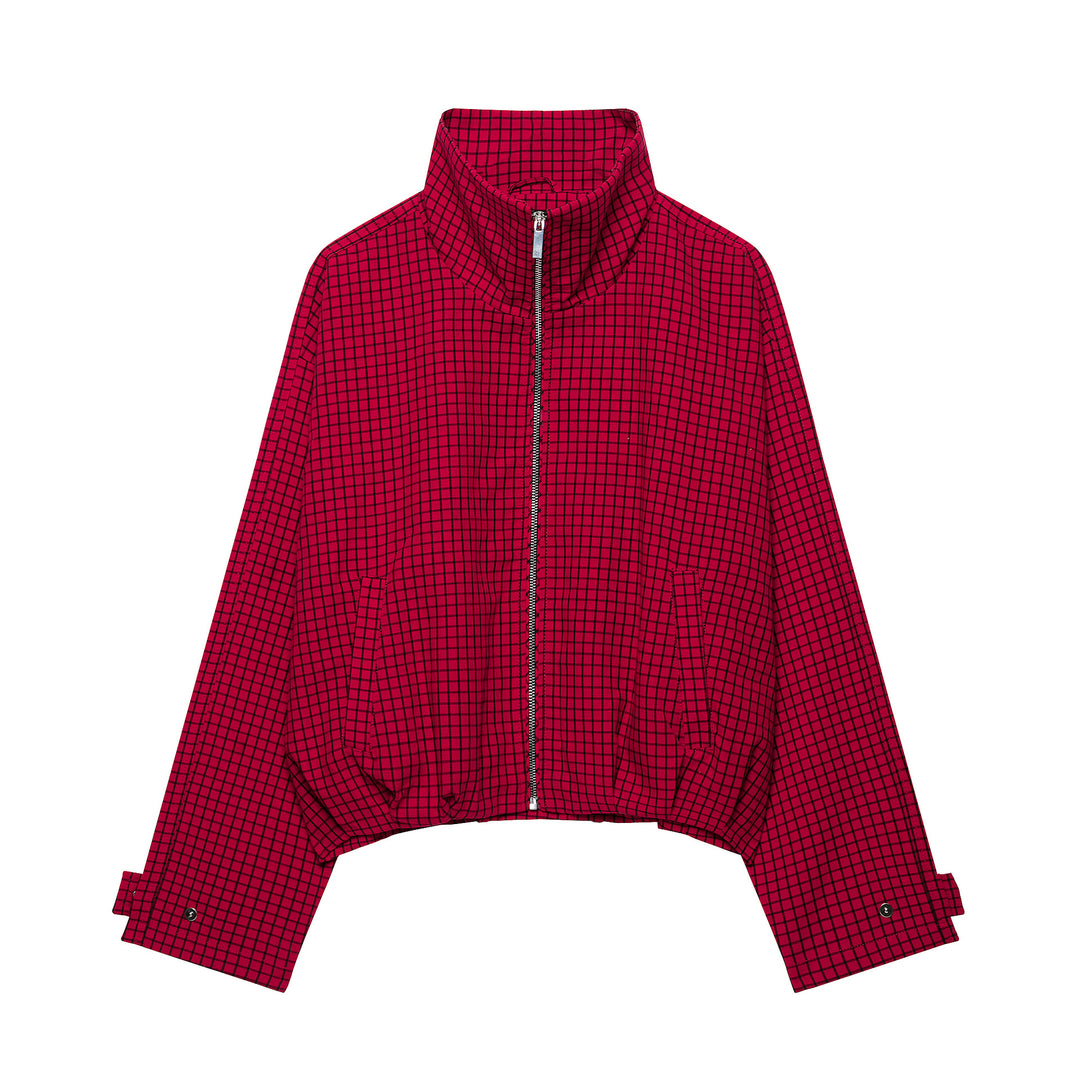 Damen Karierte Cropped Jacke mit Stehkragen und Reißverschluss Drune