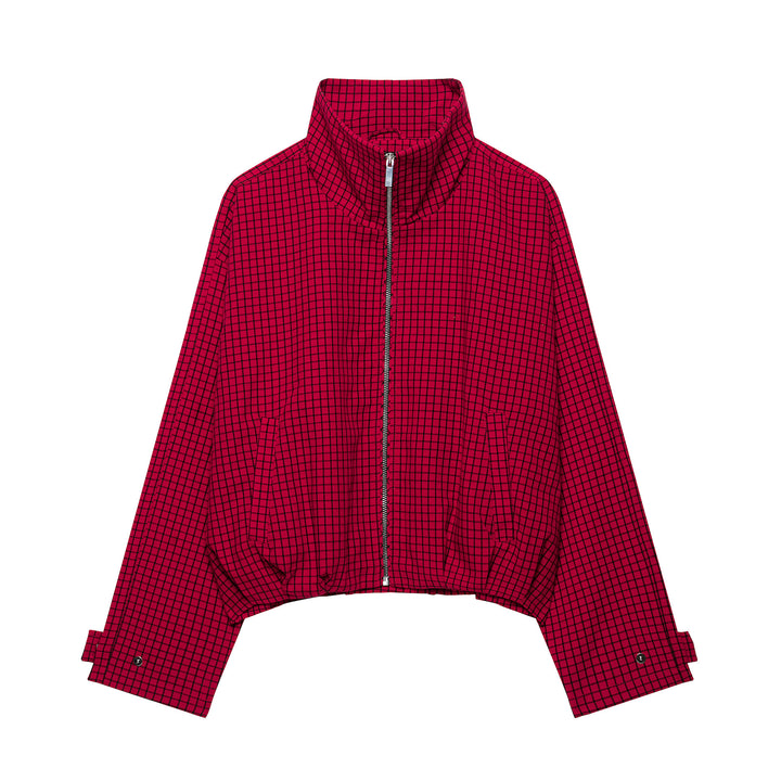 Damen Karierte Cropped Jacke mit Stehkragen und Reißverschluss Drune
