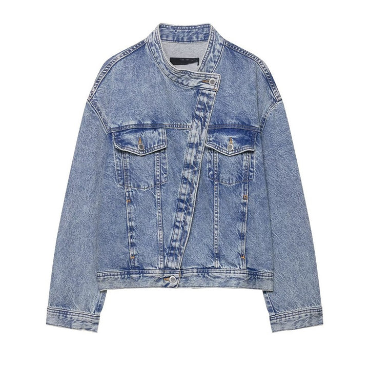 Damen Designer Denimjacke mit asymmetrischem Schnitt und praktischen Taschen Drune