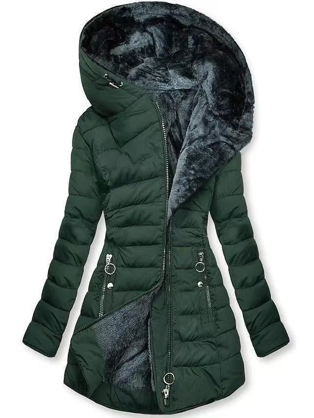 Damen Taillierter Steppmantel mit Oversize-Kapuze, kuscheligem Teddyfutter und Zierringen am Reißverschluss Drune