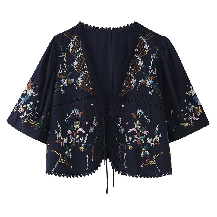Damen Bestickte Boho-Kimono-Jacke mit Bindeband und Häkelbesatz Drune