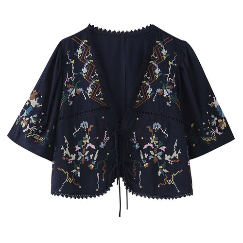 Damen Bestickte Boho-Kimono-Jacke mit Bindeband und Häkelbesatz Drune