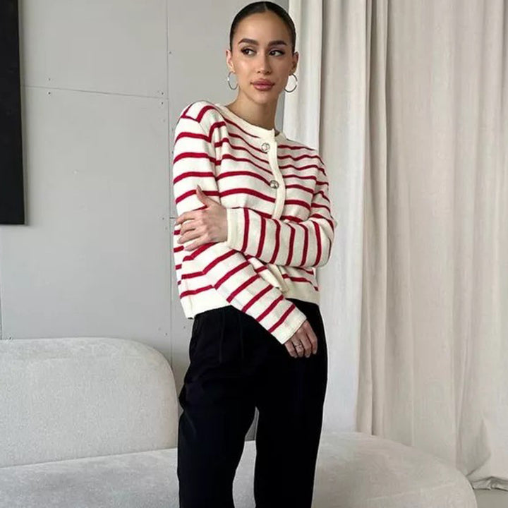 Damen gestreifte Strickjacke mit Knopfdetail Drune