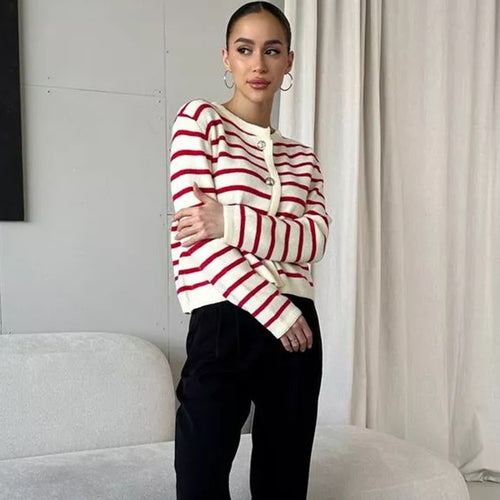 Damen gestreifte Strickjacke mit Knopfdetail Drune