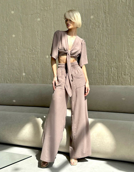 Damen lässiges Crop-Top und weite High-Waist-Hose Set Drune