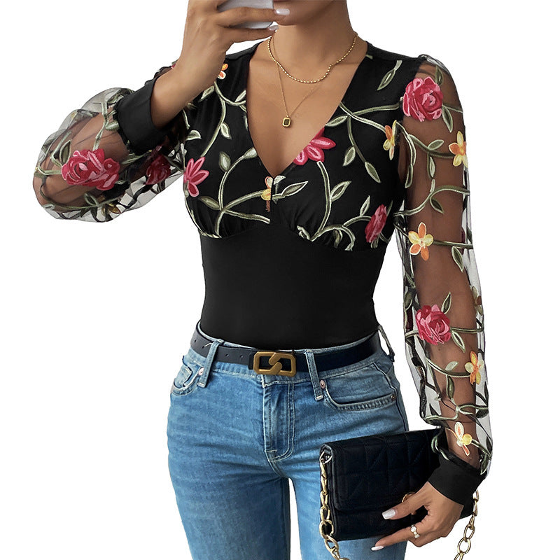Damen Bestickter Mesh-Body mit V-Ausschnitt und transparenten Blumenärmeln Drune