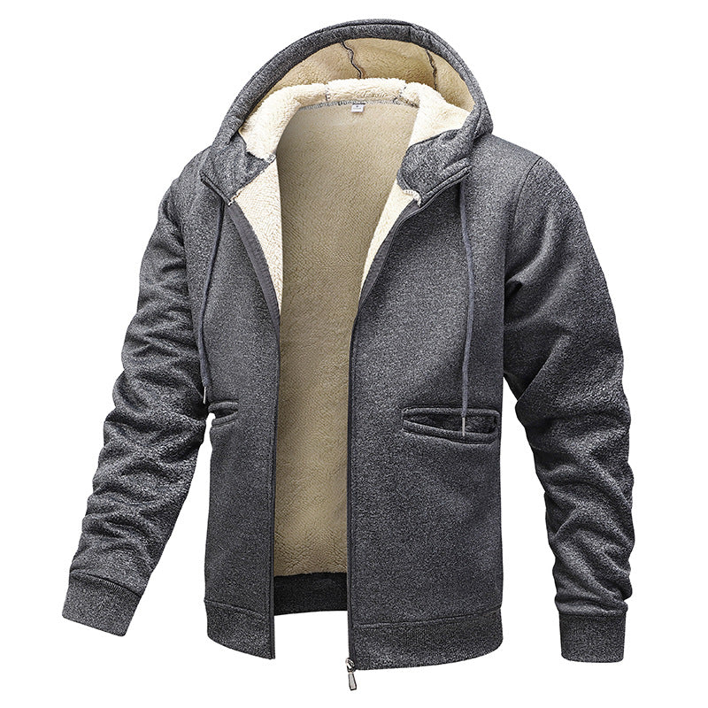 Herren gefütterte Kapuzenjacke im Blousonstil mit hochflorigem Teddyinnenfutter und Handwärmepaspeltaschen Drune