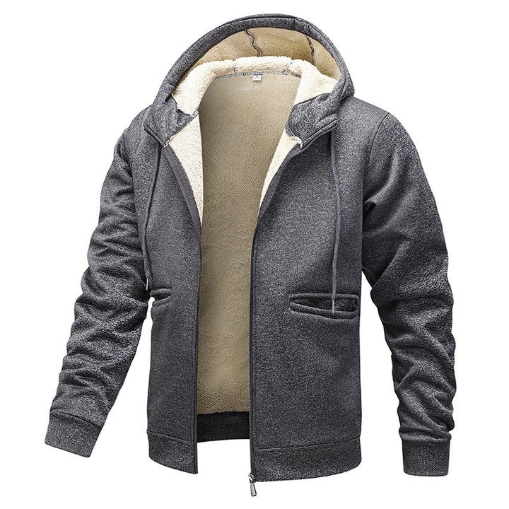 Herren gefütterte Kapuzenjacke im Blousonstil mit hochflorigem Teddyinnenfutter und Handwärmepaspeltaschen Drune