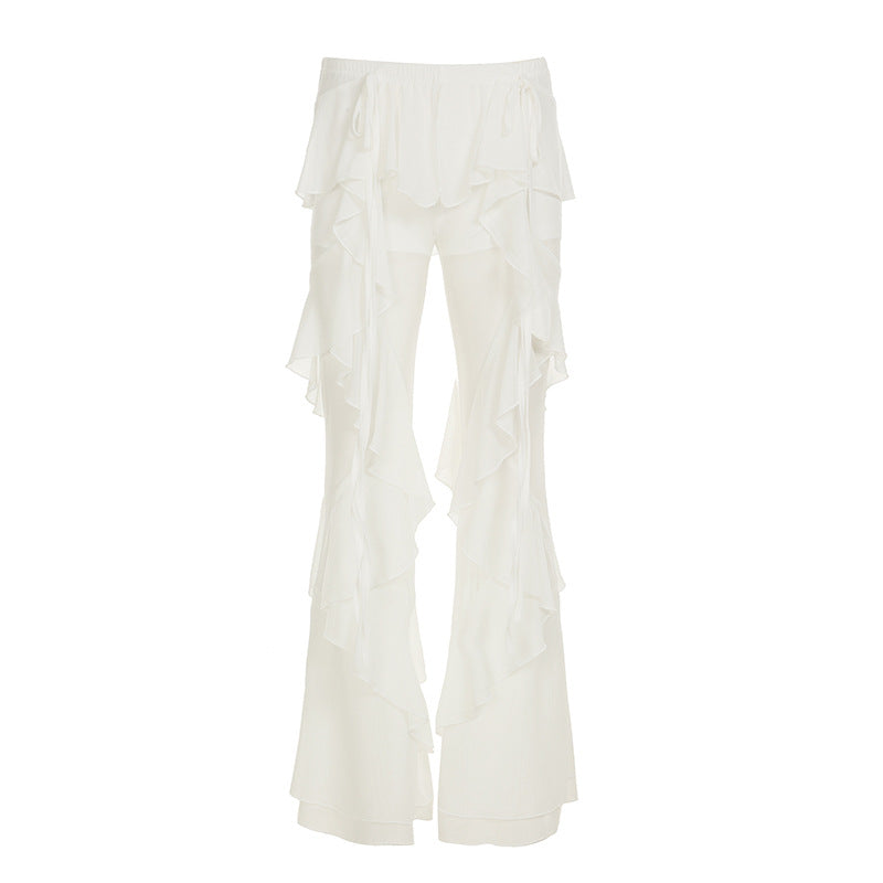 Damen Palazzo-Hose mit voluminösen Rüschendetails und elastischem Bund Drune