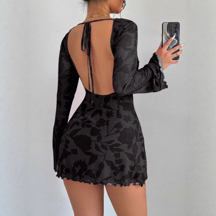 Damen kurzes Kleid mit tiefem Rückenausschnitt und floralem Muster Drune