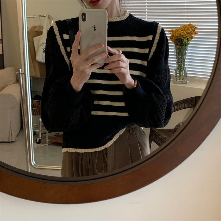 Damen Streifenpullover mit Puffärmeln und Rippdetails Drune