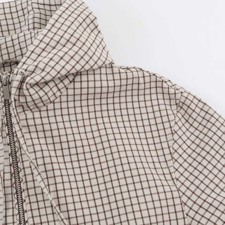 Damen Kurzer Karierter Kapuzenblouson mit Tunnelzug, Reißverschluss und elastischen Bündchen Drune