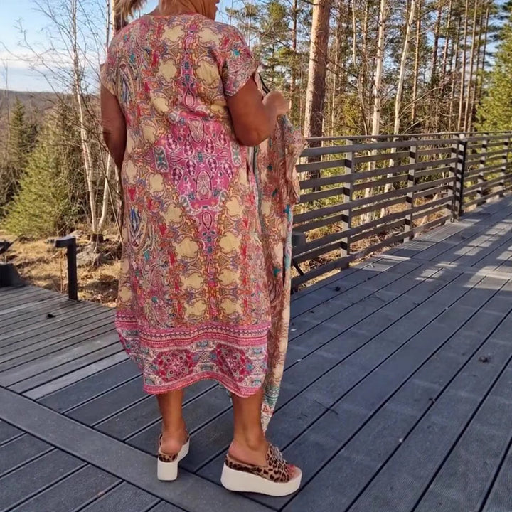 Damen nan fließendes Midikleid im Tunika‑Kaftan‑Mix mit V‑Ausschnitt kurzen Ärmeln lockerer Passform und passendem Pareo Drune