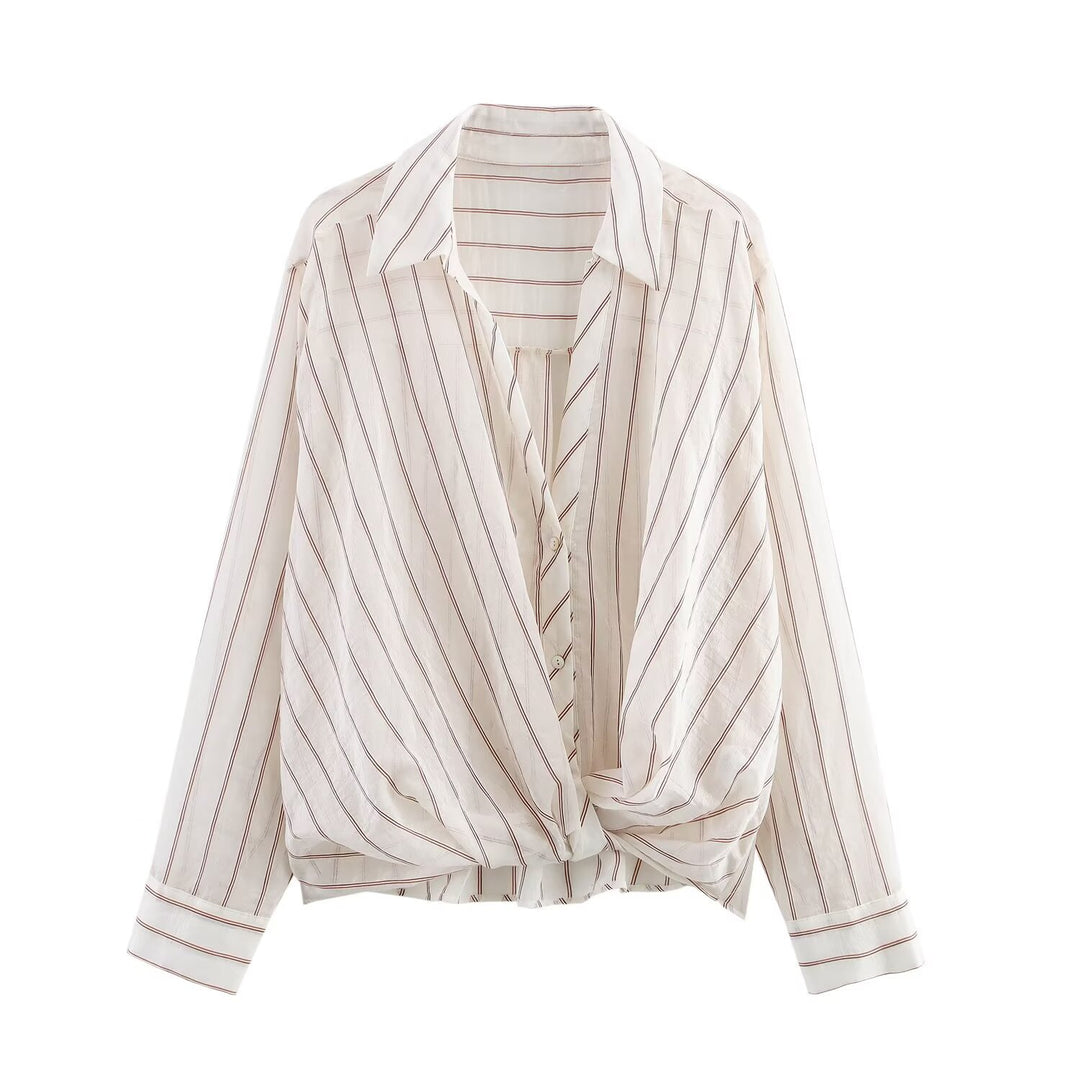 Damen Gestreifte Bluse mit Knotenfront und Hemdkragen Drune