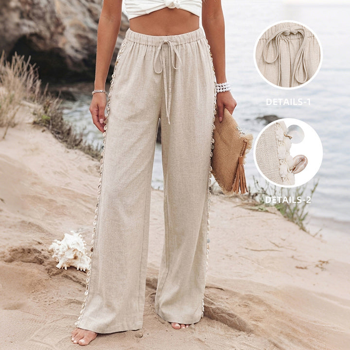 Damen Leichte Leinenhose mit weitem Bein, Kordelzug und geflochtenem Seitendetail Drune