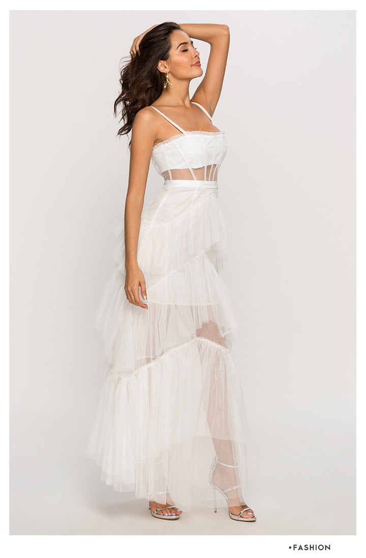 Damen Maxikleid mit mehrlagigem Tüllsaum und transparenter Einsätzen Drune