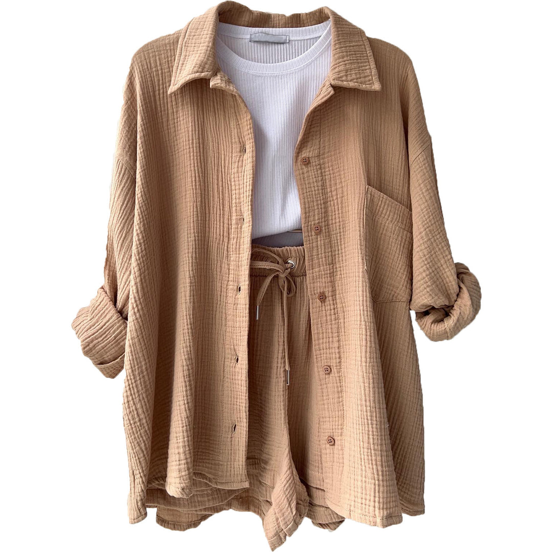 Damen nan lässiges oversized Hemd und Shorts Set mit Brusttasche Kordelbund und gerauter Baumwollstruktur Drune