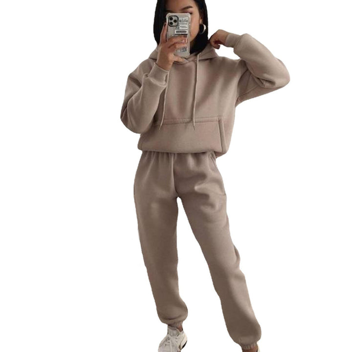 Damen sportliches Fleece-Joggingset mit Kapuze und elastischem Bund Drune