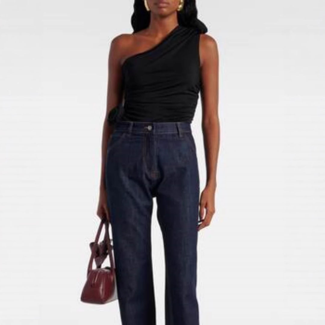 Damen asymmetrisches Top mit Raffungen und floralem Detail Drune