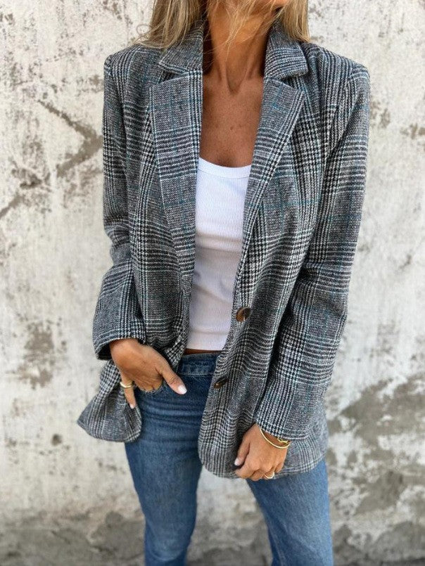 Damen nan oversized Karoblazer mit Reverskragen und aufgesetzten Taschen Drune