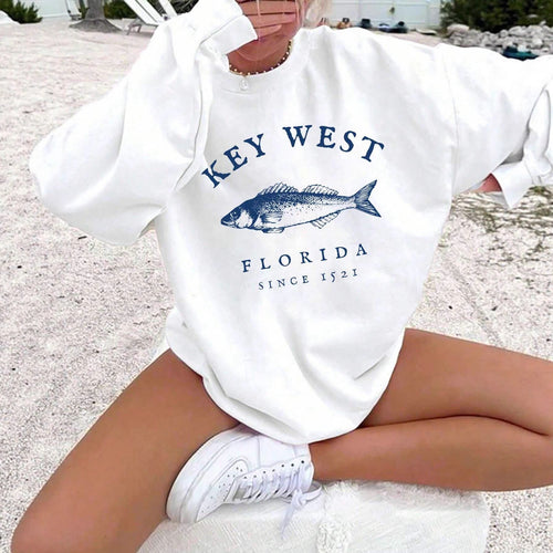 Damen nan Oversize-Sweatshirt mit maritimem Key-West Fischmotiv, dropped-Shoulder und weichem Baumwollmix Drune