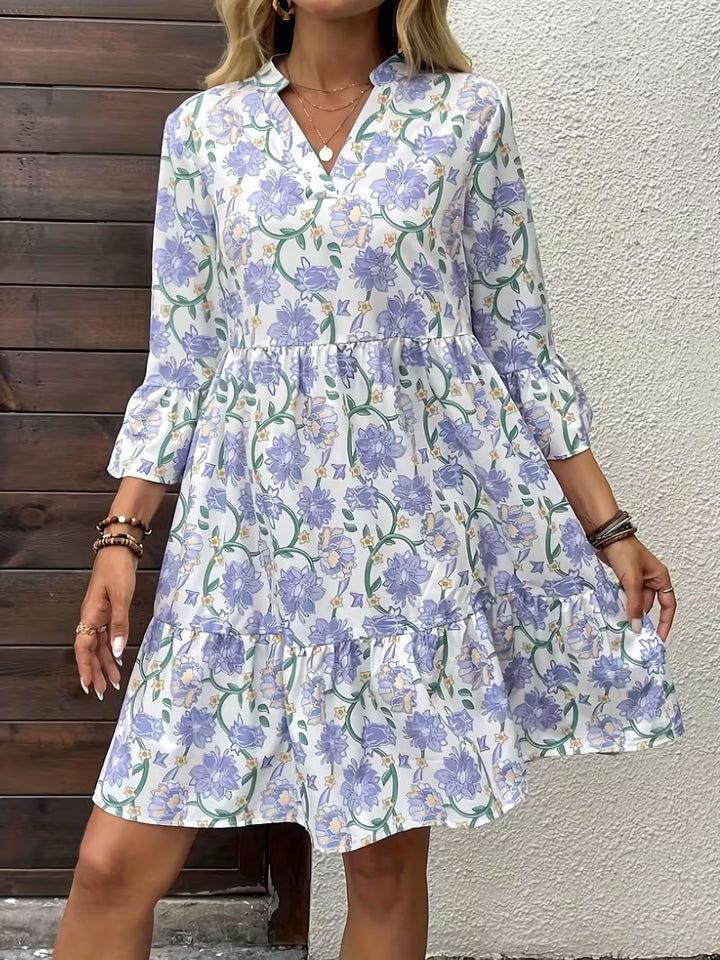 Damen Florales Babydoll-Kleid mit V-Ausschnitt, hohem Empire‑Bund und Glockenärmeln Drune