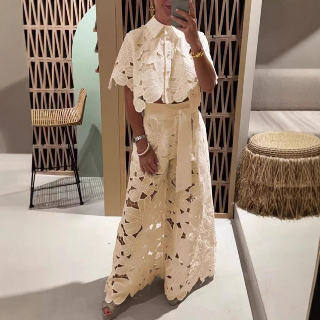 Damen nan zweiteiliges Spitzenensemble mit bauchfreier Bluse und weiter Palazzohose Drune