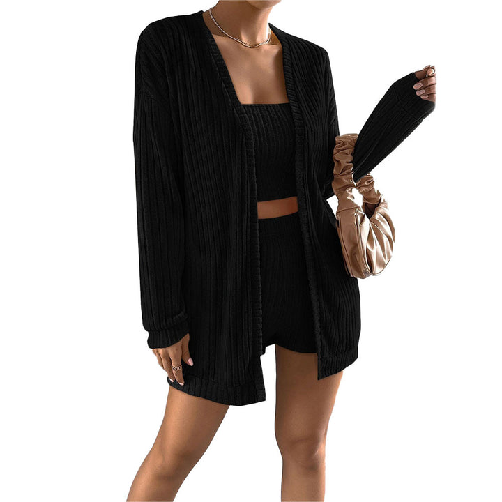 Damen gerippter Lounge-Zweiteiler mit offenem Longcardigan, tailliertem Bustier-Top und High‑Waist-Shorts Drune