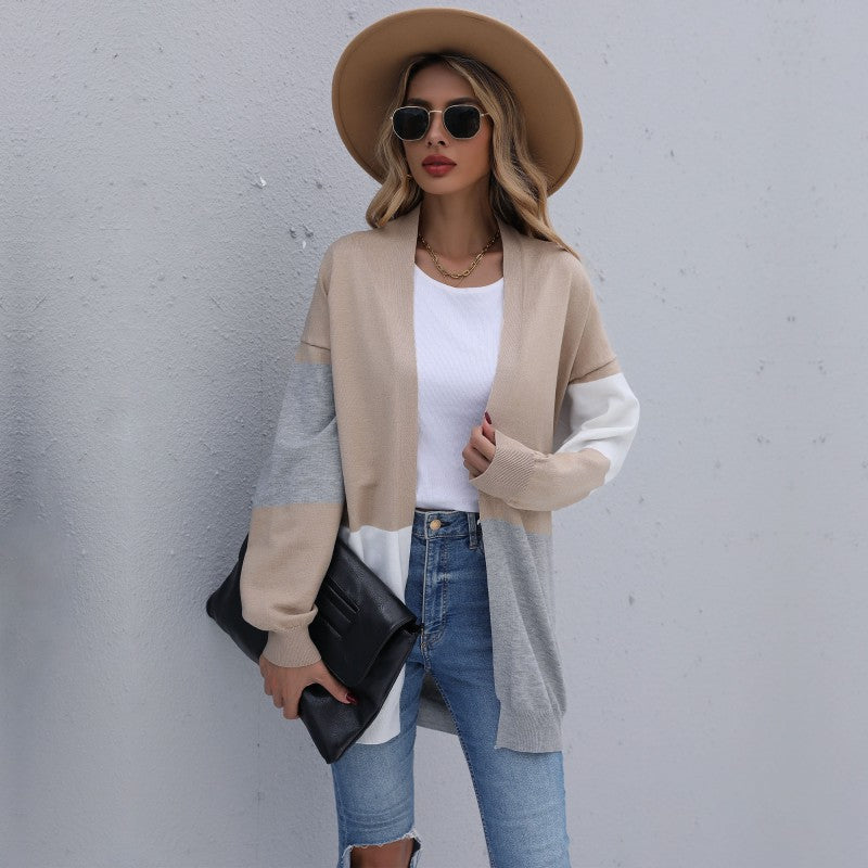 Damen Langer Colorblock-Feinstrickcardigan mit offener Front und überschnittener Schulter Drune