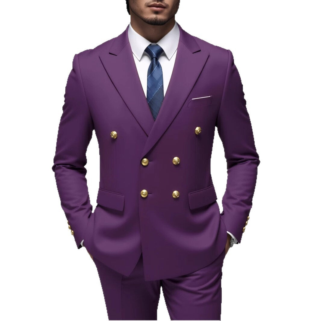 Herren nan doppelreihiger Slim-Fit Anzug mit goldenen Zierknöpfen und schmaler Businesshose Drune