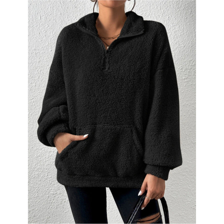 Damen Flauschiger Teddy-Pullover mit halbem Reißverschluss und Kängurutasche Drune