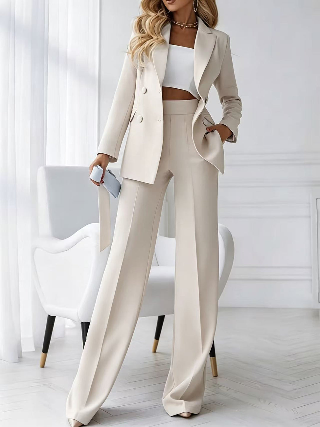 Damen Zweiteiliger Business-Hosenanzug mit tailliertem Zweireiherblazer und High-Waist Palazzo-Hose Drune