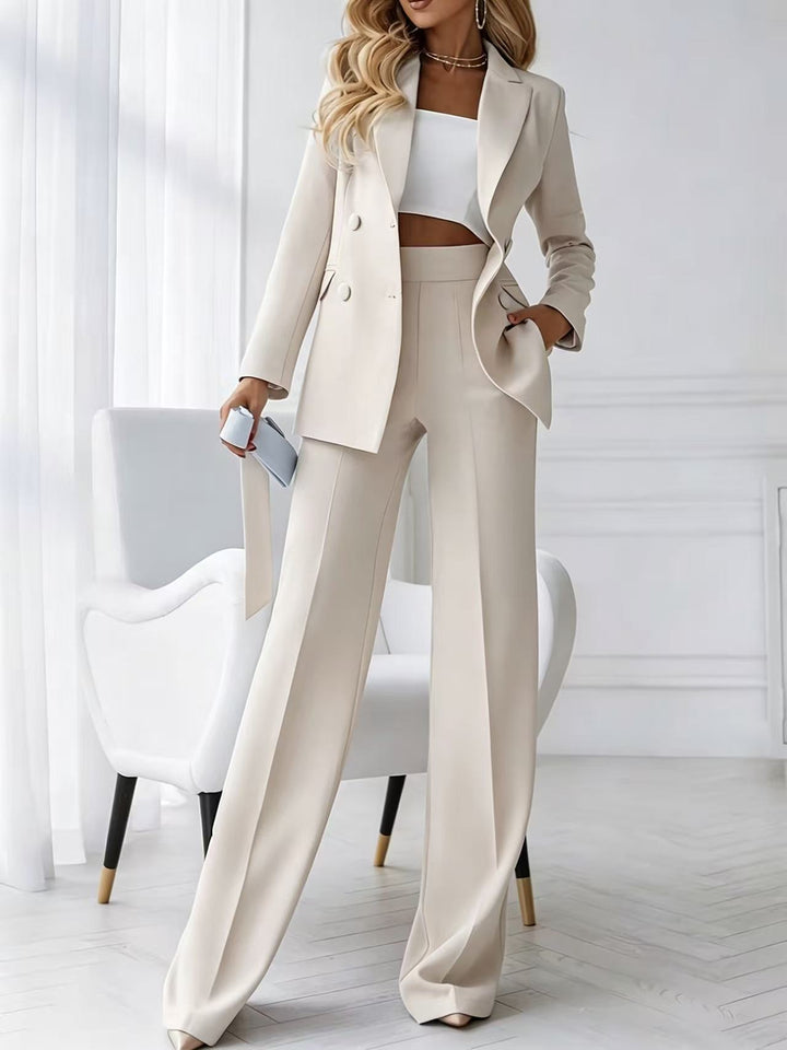 Damen Zweiteiliger Business-Hosenanzug mit tailliertem Zweireiherblazer und High-Waist Palazzo-Hose Drune
