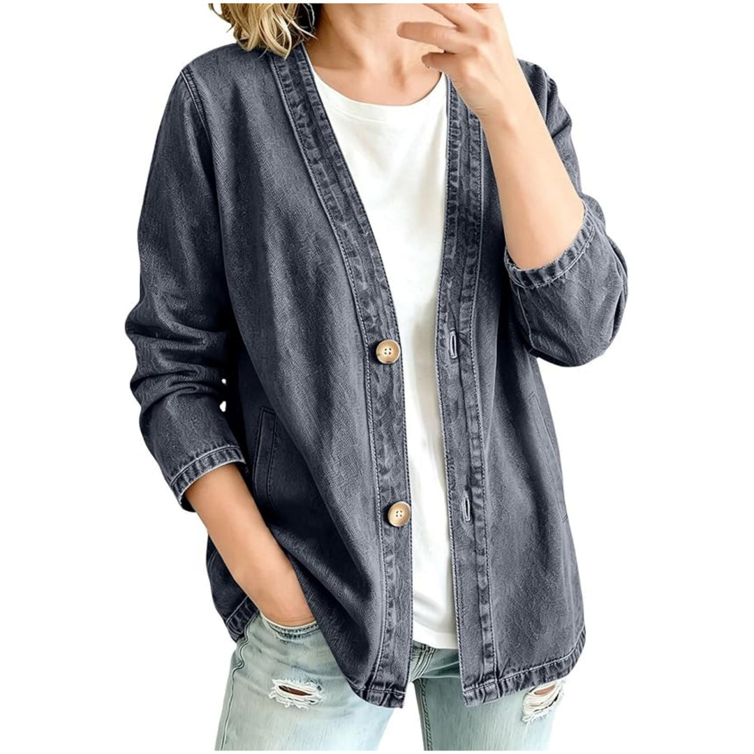 Damen lässige Oversize-Denimjacke mit Knopfleiste und Kimono-Schnitt Drune