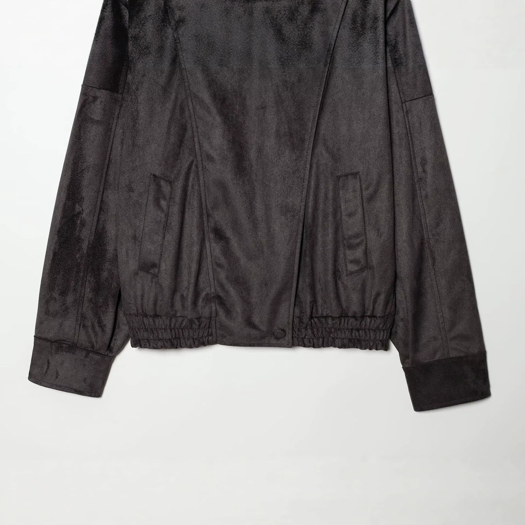 Damen Kurze Velours‑Optik Bomberjacke mit hohem Stehkragen und asymmetrischer Knopfleiste Drune