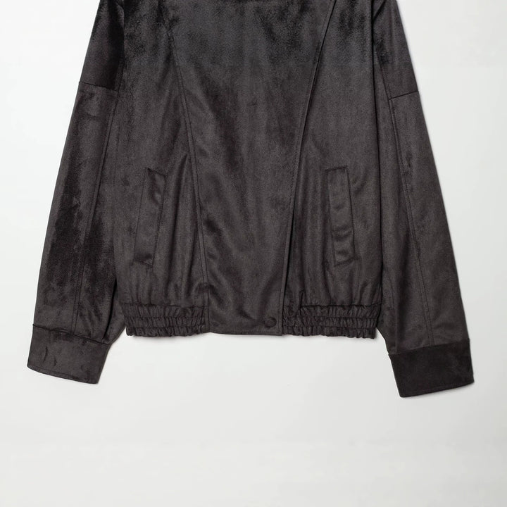 Damen Kurze Velours‑Optik Bomberjacke mit hohem Stehkragen und asymmetrischer Knopfleiste Drune