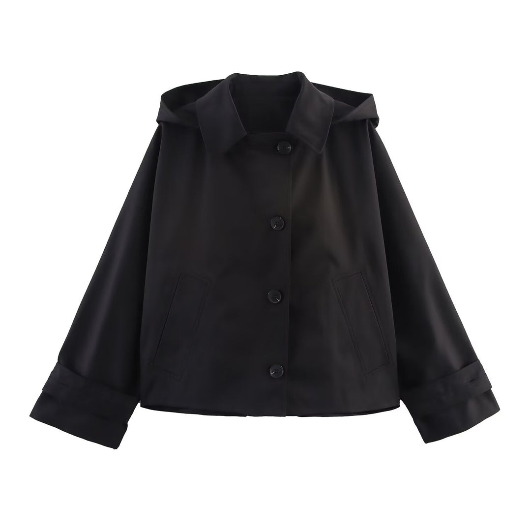 Damen Kurze Kapuzenjacke im Boxy-Schnitt mit Knopfverschluss und weiten Manschetten Drune