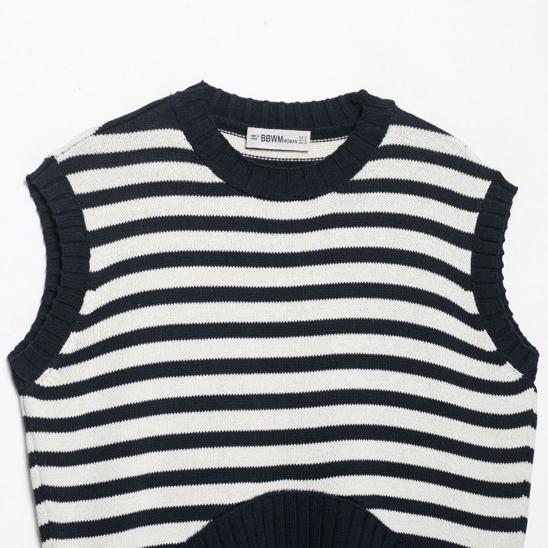 Damen Gestreifte Strickweste mit Rundhalsausschnitt und breitem Rippenbund Drune