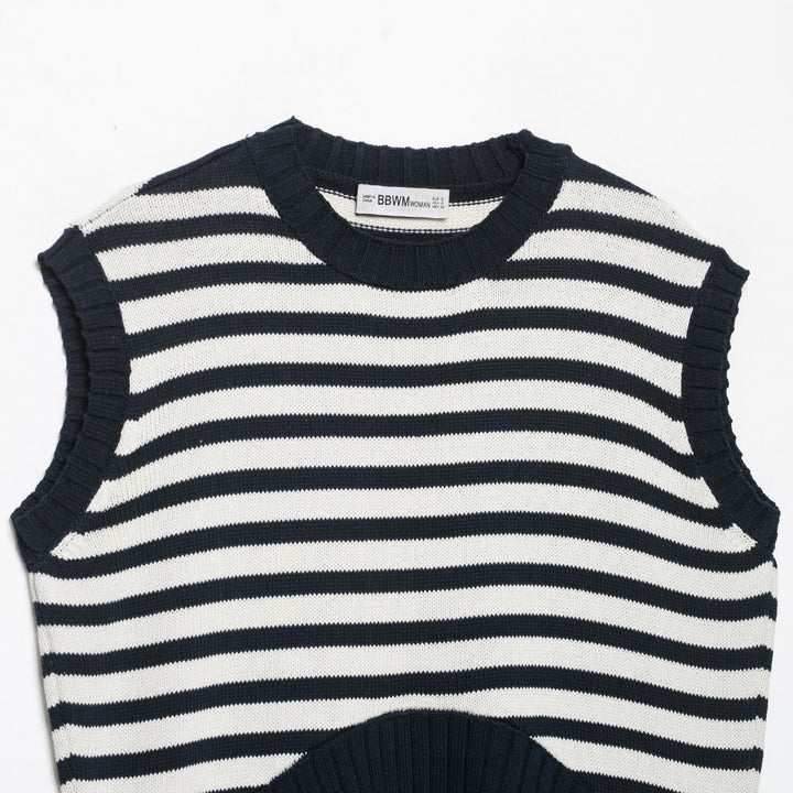 Damen Gestreifte Strickweste mit Rundhalsausschnitt und breitem Rippenbund Drune
