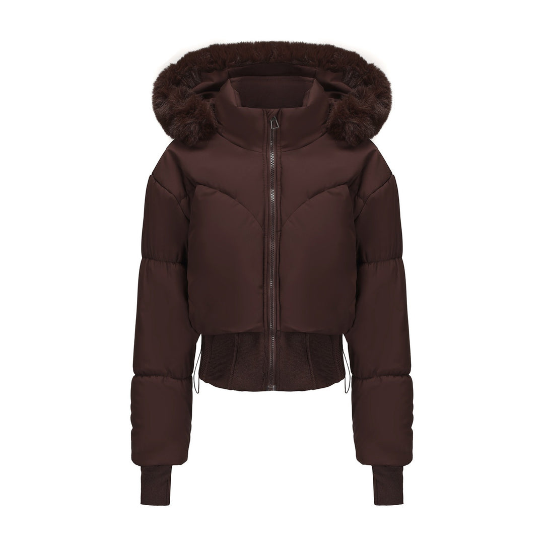 Damen cropped Daunenjacke mit abnehmbarer Kapuze und Kunstfellbesatz Drune
