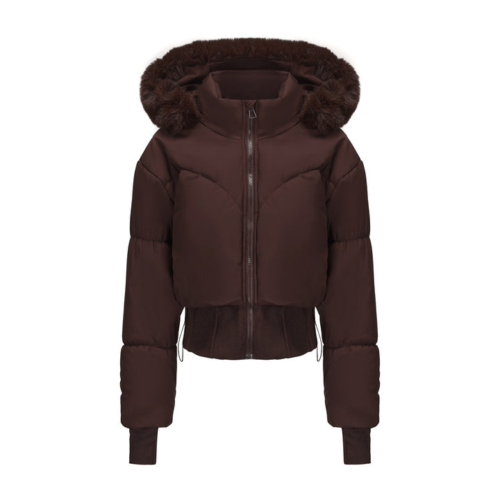 Damen cropped Daunenjacke mit abnehmbarer Kapuze und Kunstfellbesatz Drune