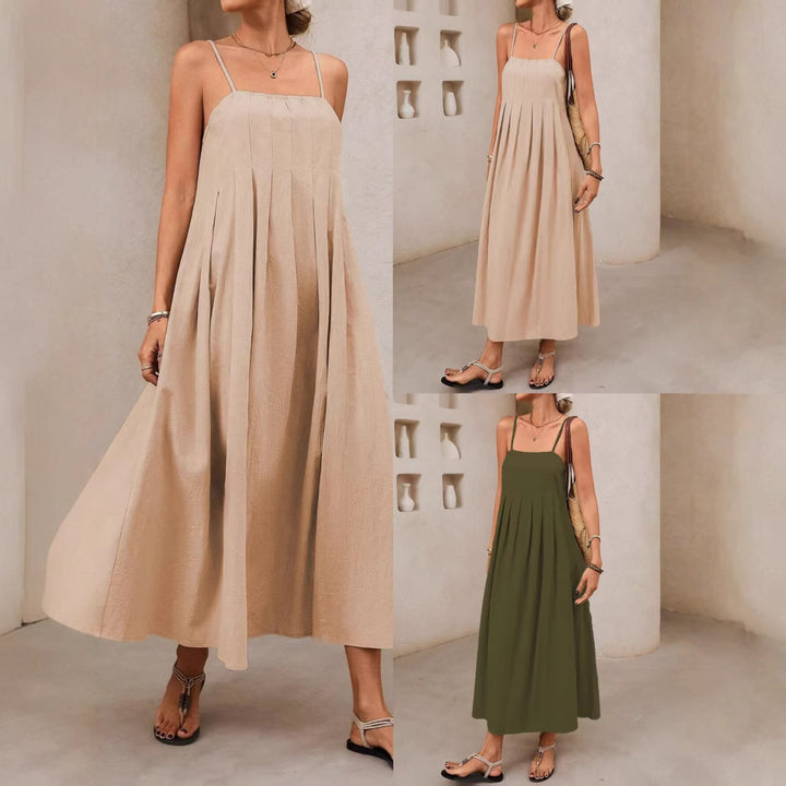 Damen Langärmliges Maxikleid mit Faltenwurf und Spaghettiträgern Drune