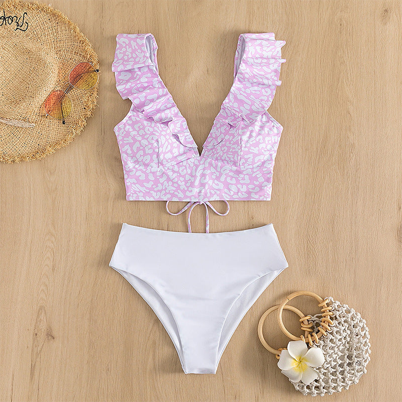 Damen Triangel-Bikini mit modischem Leopardenmuster und Rüschendetails Drune