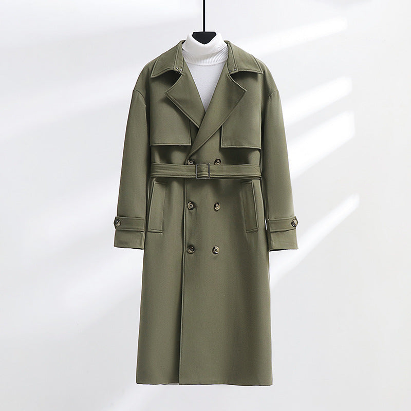 Herren Langer Doppelreihiger Trenchcoat mit Taillengürtel und Oversize‑Schalkragen Drune