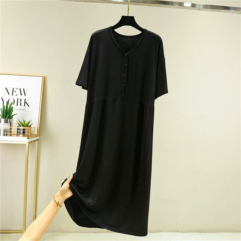 Modal-Kurzarmkleid mit Knopfleiste für Damen, lockere Passform und figurschmeichelnde Wirkung Drune