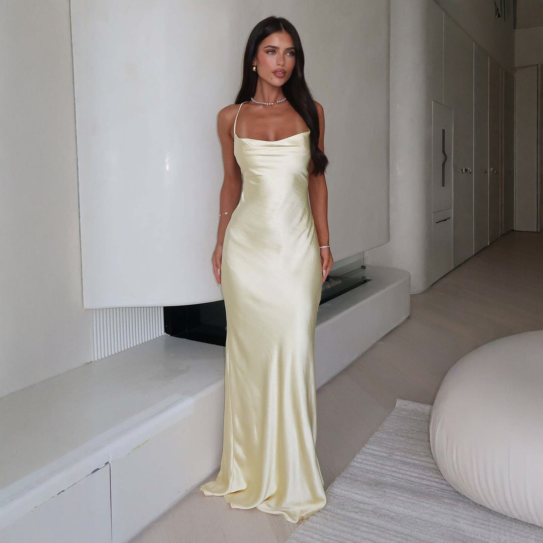 Damen Elegantes Satinabendkleid mit spaghettiträgern und fließendem Schnitt Drune