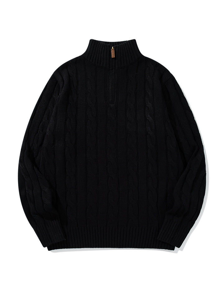 Unisex Zopfmuster-Halbzip-Pullover mit hohem Rippkragen und Oversize-Schnitt Drune