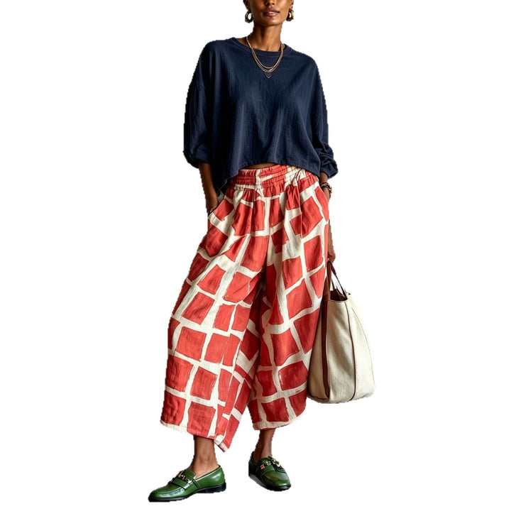 Damen Weite Culotte-Hose aus Leinenmix mit elastischem Bund und grafischem Print Drune