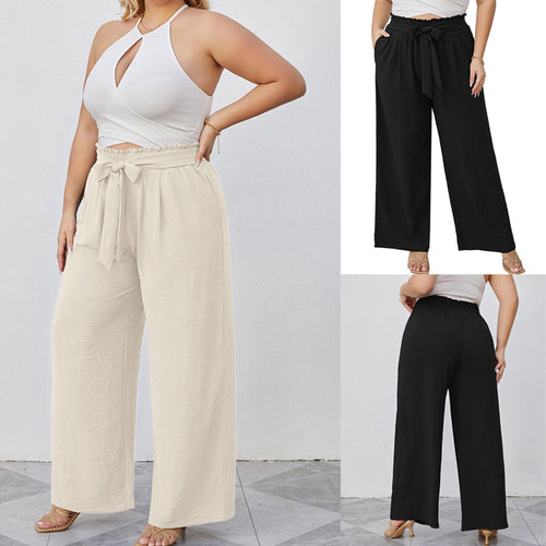 Damen Paperbag-Hose mit weitem Bein, Gummizug, Bindegürtel und Eingrifftaschen Drune
