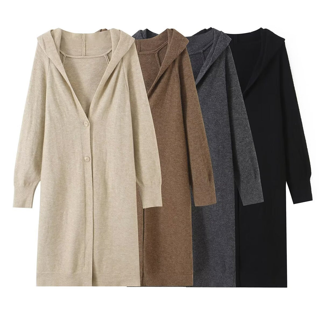 Damen Longline Strickcardigan mit Kapuze, Feinstrick und Knopfverschluss Drune